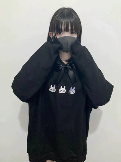 Black Bunny Hooded Sweatshirt Subculture Y2K Japanese Anime Light Subculture Otaku-Style Abi Autumn/Winter Top