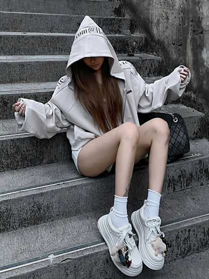 American Short Zip Hoodie Vintage Letter Print Cropped Sweatshirt