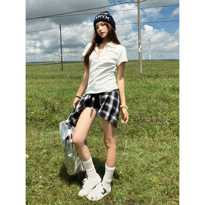 American Sporty V-Neck Polo Tee Summer Slim Fit Badminton Tennis Crop Top