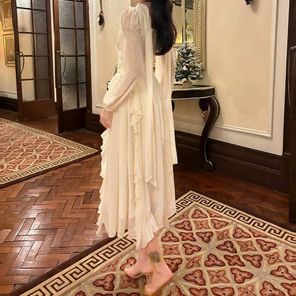 White Long Sleeve Gown with Ruffle Details Prom Dress