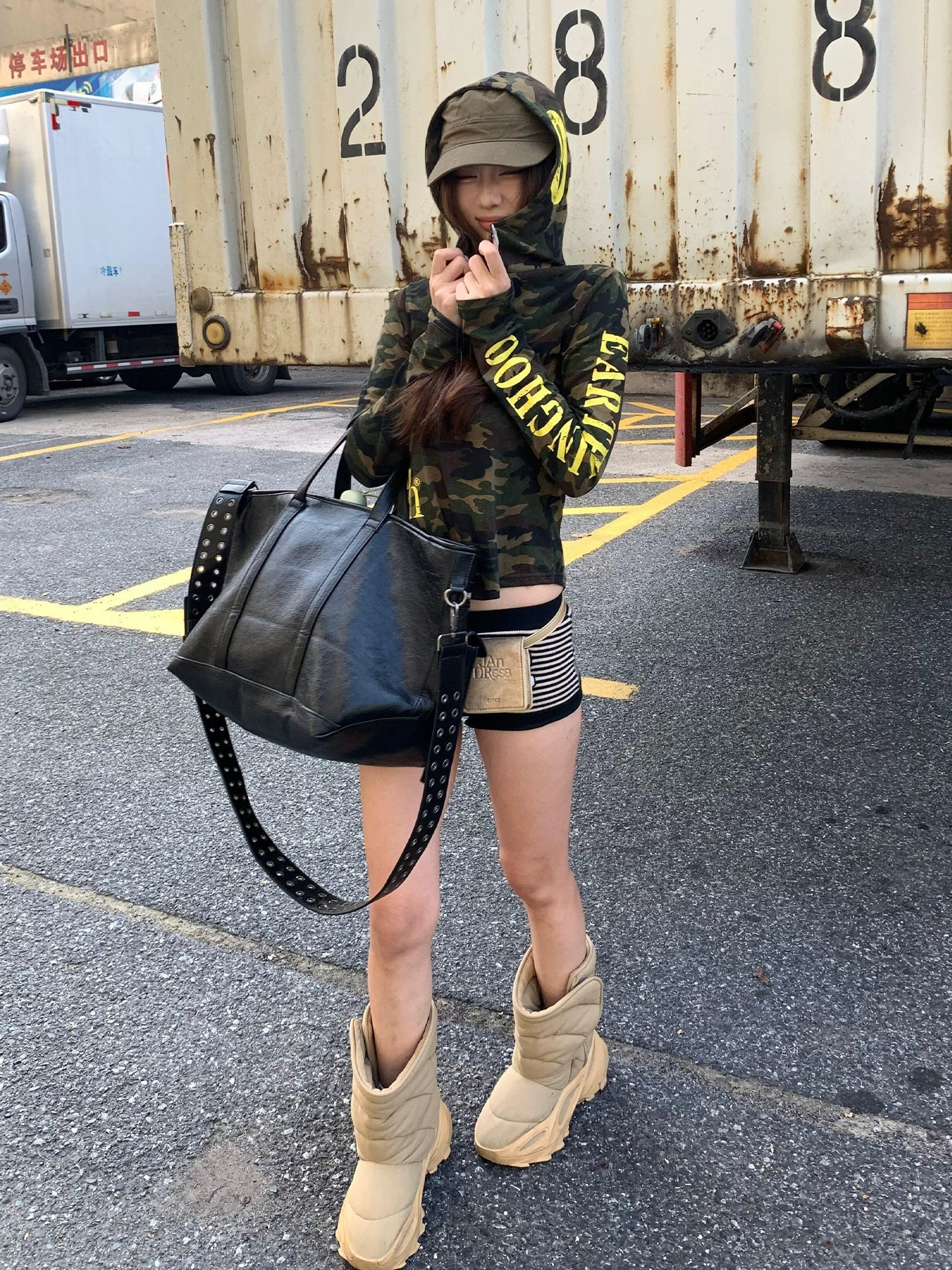 American Camo Hooded Long Sleeve Tee Slim Fit Street Layering Top