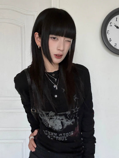 Visual Kei Black Henley Long Sleeve Tee Autumn Vintage Base Top Y2K Streetwear