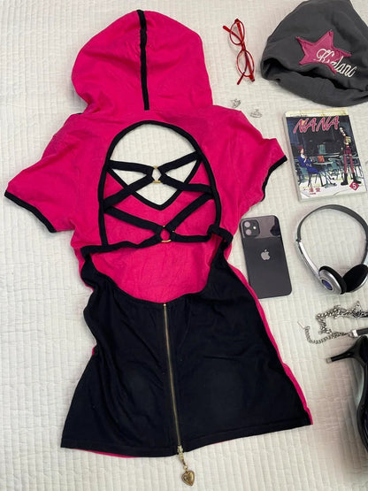 Open-Back Hooded Subculture Y2K E-girl Abi American Retro Open-Back Hooded Light Subculture Short Sleeve Top