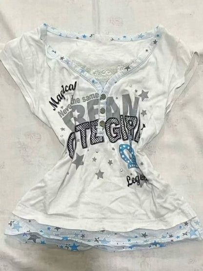 White Fake Two-Piece Subculture Y2K E-girl Shibuya Girl Abi American Retro Star Short Sleeve Top