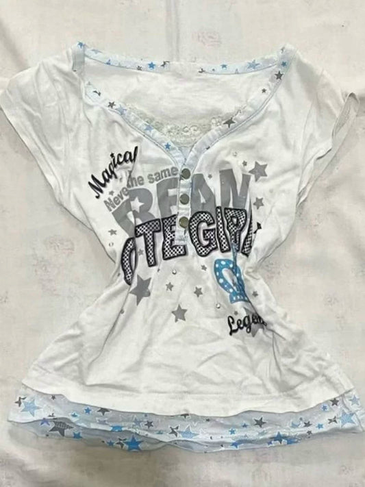 White Fake Two-Piece Subculture Y2K E-girl Shibuya Girl Abi American Retro Star Short Sleeve Top