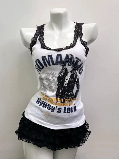 White [Lace Detail] Subculture Y2K E-girl Abi American Retro Print Tank Top