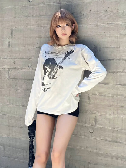 Y2K Distressed White Long Sleeve Top for Autumn