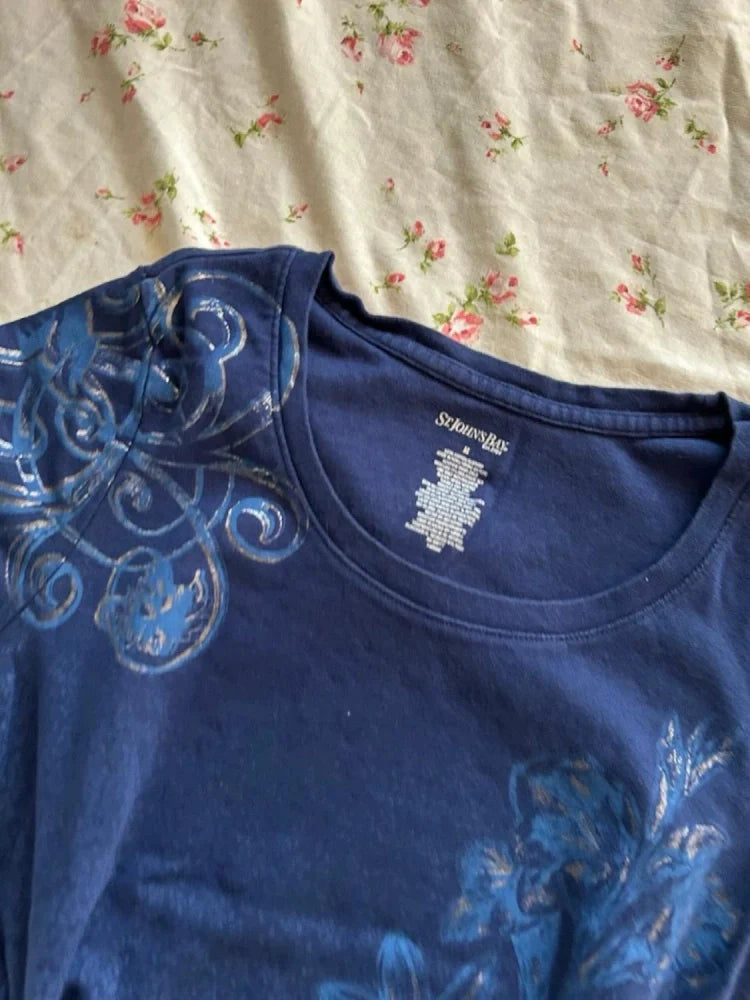 Navy Blue Subculture Y2K E-girl Abi American Retro Vintage Print Short Sleeve Top