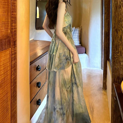 Green Printed Halter Neck Resort Fairy Gown Dress