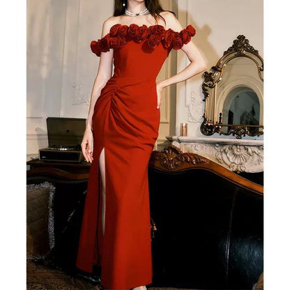 Red Rose Embroidered Mermaid Gown Prom Dress