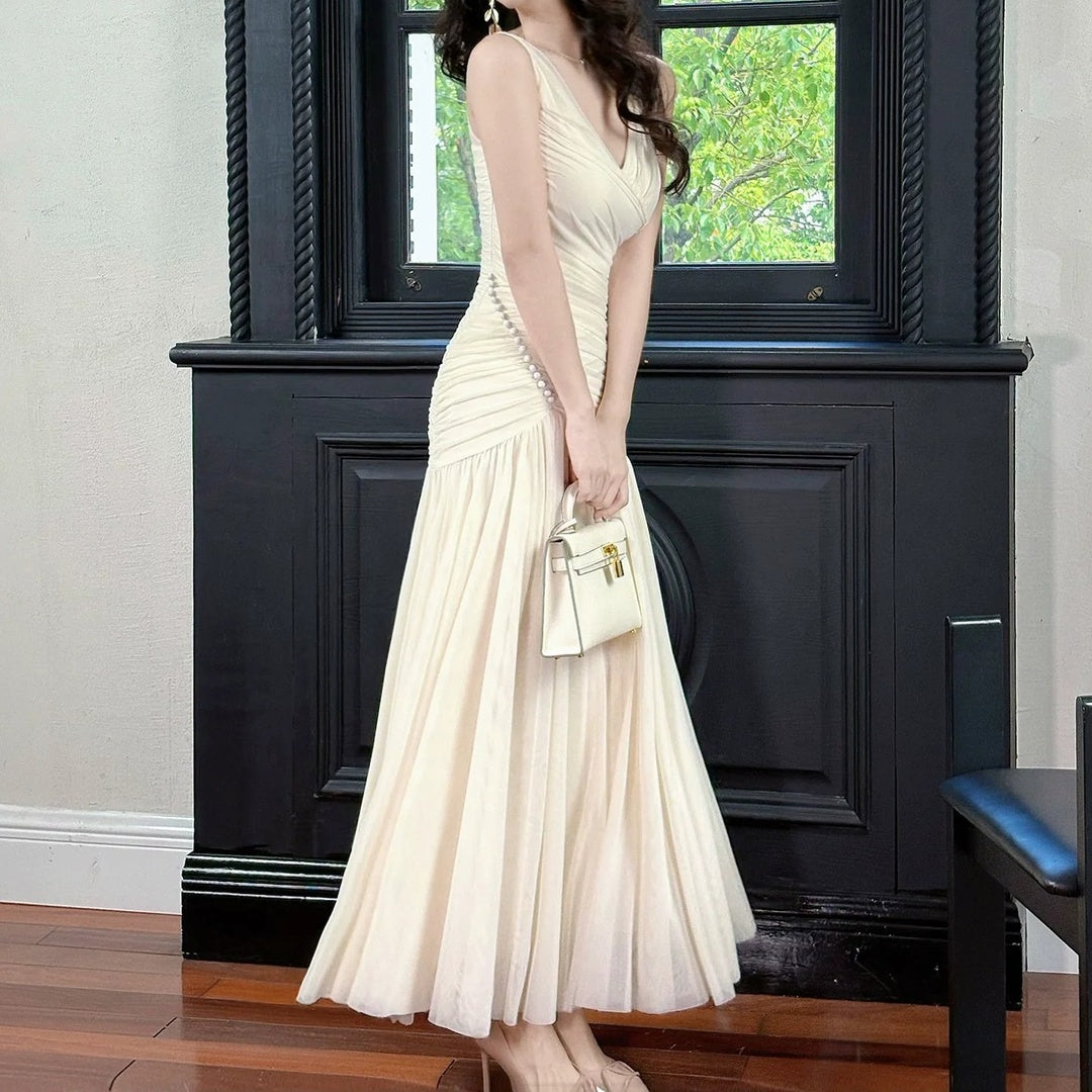 French V-Neck Asymmetrical Spaghetti Gown Dress