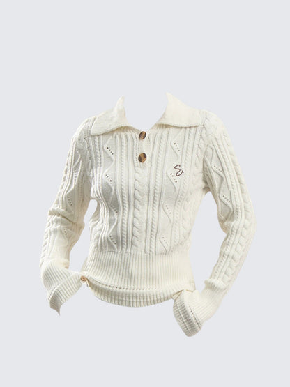 White Embroidered Cable Knit Sweater Women