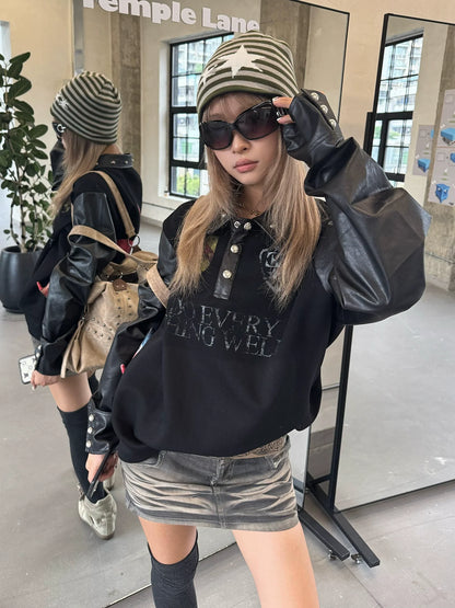 Visual Kei Polo Collar Sweatshirt Red Star Badge Print Long Sleeve Top