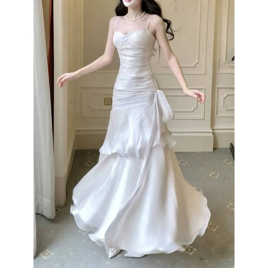 Glass Satin Ruffle Spaghetti Strap Gown Dress