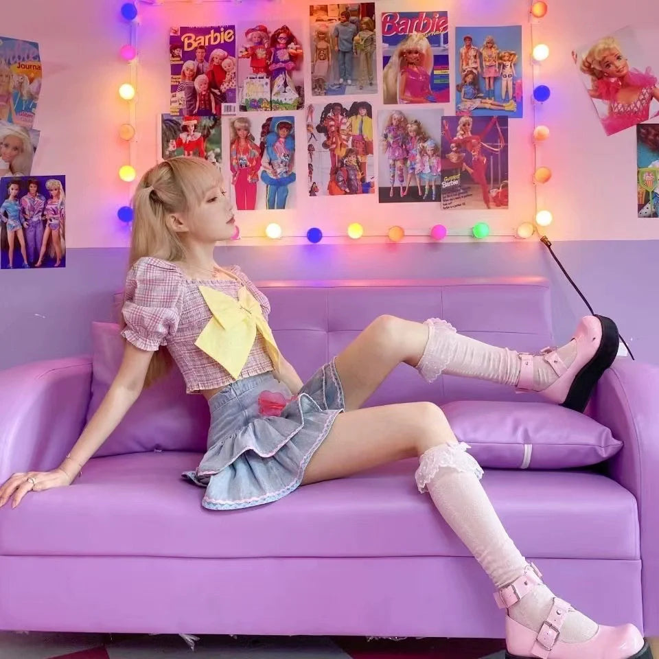 Denim Puff Cake Skirt Subculture Y2K E-girl Japanese Cute High-Waisted Slimming Fluffy Skirt (Summer)