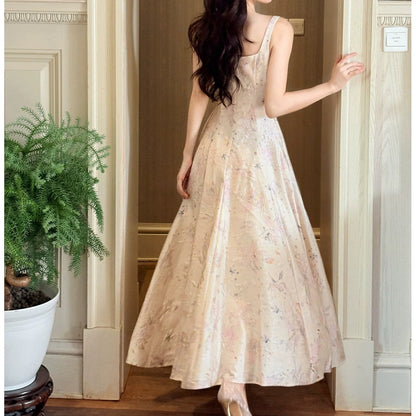 French Princess Floral Square Neck Spaghetti Strap Gown Dress