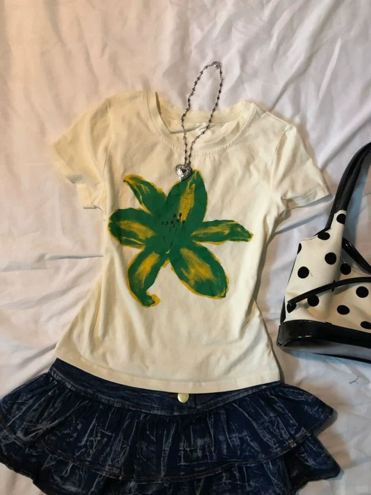 Yellow Subculture Y2K E-girl Abi American Retro Vintage Early Print Short Sleeve Top