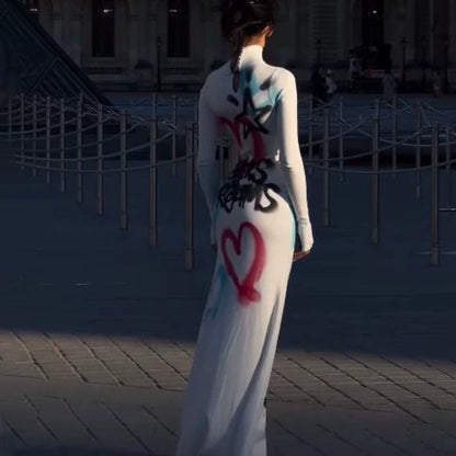 White Subculture Punk Y2K E-girl Graffiti Print Slim Bodycon Maxi Dress