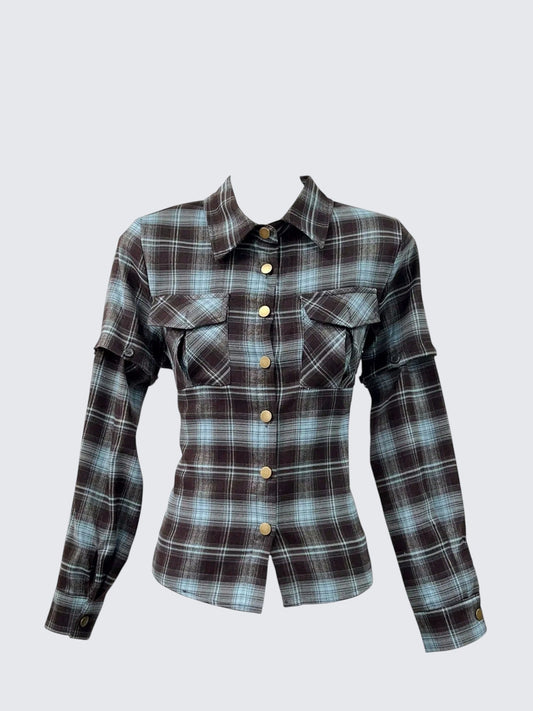 Plaid Polo Back Tie Shirt