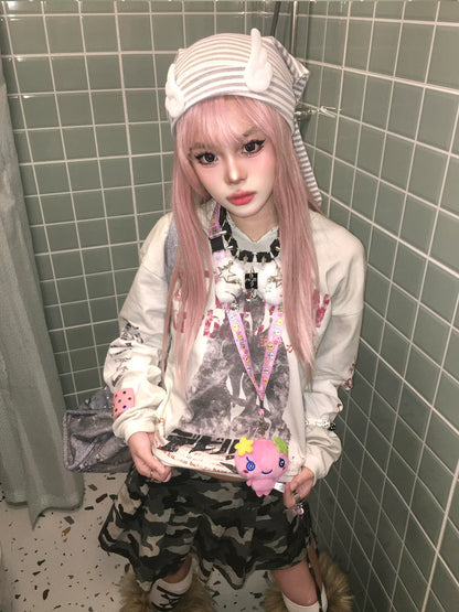 V Neck Distressed Long Sleeve T Shirt Y2K Visual Kei Top