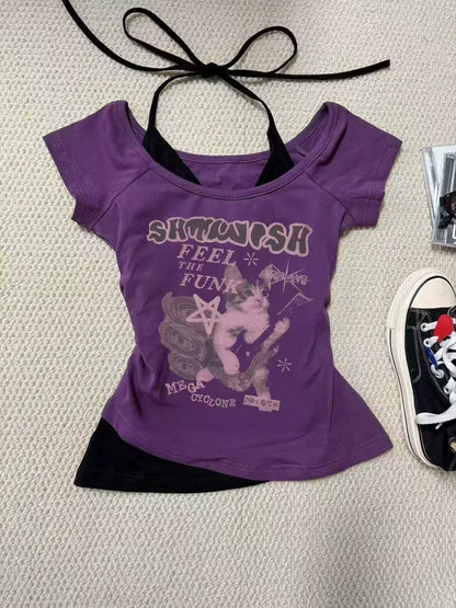 Purple Subculture Y2K Abi E-girl American Retro Fake Two-Piece Halter Short Sleeve Top