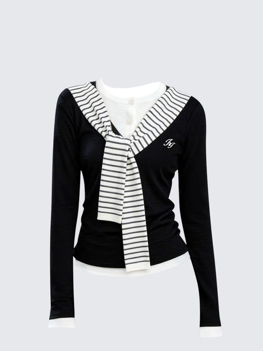 Black & White Striped Layered Knit Top