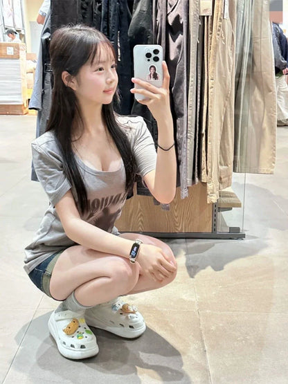 Gray Subculture Y2K E-girl Abi American Retro Phantom Print Light Subculture Short Sleeve Top