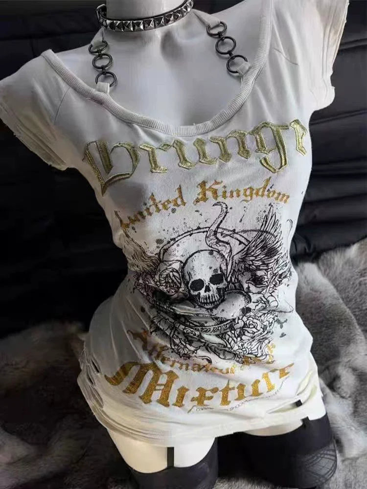 White Subculture Punk Y2K E-girl Abi American Retro Halter Ripped Print Short Sleeve Top