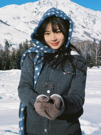 Korean Lazy Gray Knit Cardigan Autumn-Winter Vintage Open Front Sweater with Bow Detail