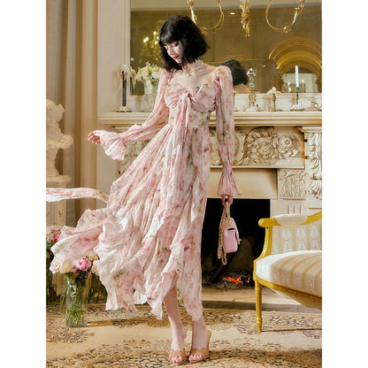 French Floral Long Sleeve Strapless Gown Dress