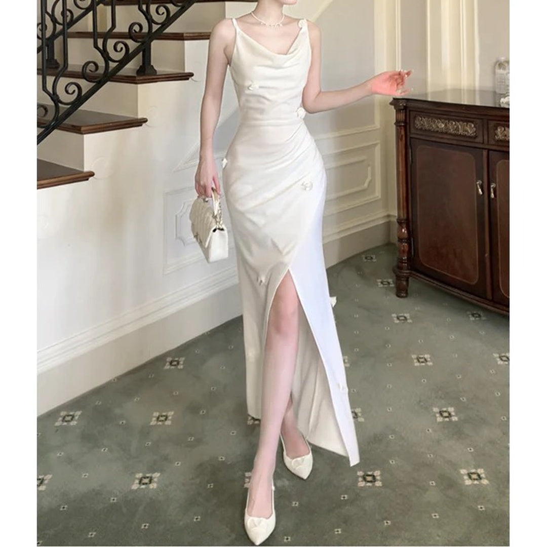 French Slim Fit Spaghetti Strap Slit Gown Dress