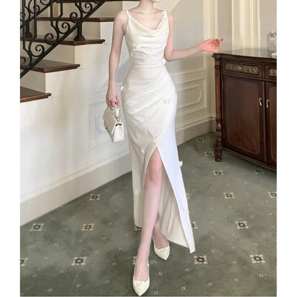 French Slim Fit Spaghetti Strap Slit Gown Dress