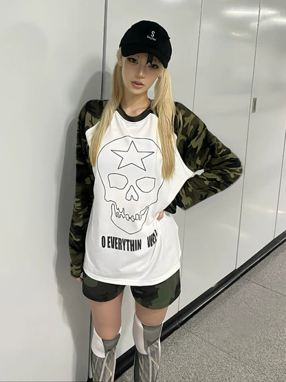 Y2K Camo Skull Long Sleeve Top