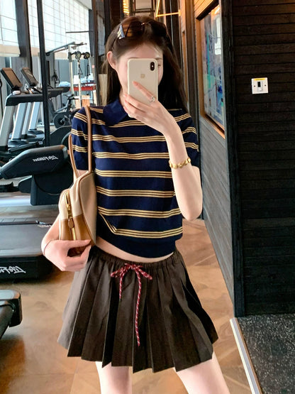 Striped Knit Polo Crop Top  Stretch Fitted Short Sleeve Shirt Y2K Preppy Style