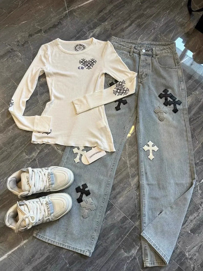 White Cross Print Subculture Y2K E-girl Light Subculture American Retro Abi Long Sleeve Top