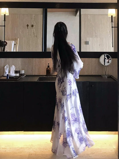French Purple Floral Chiffon V-Neck Long-Sleeve Waist-Cinched Maxi Dress