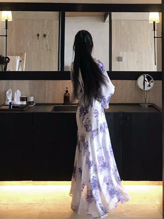 French Purple Floral Chiffon V-Neck Long-Sleeve Waist-Cinched Maxi Dress
