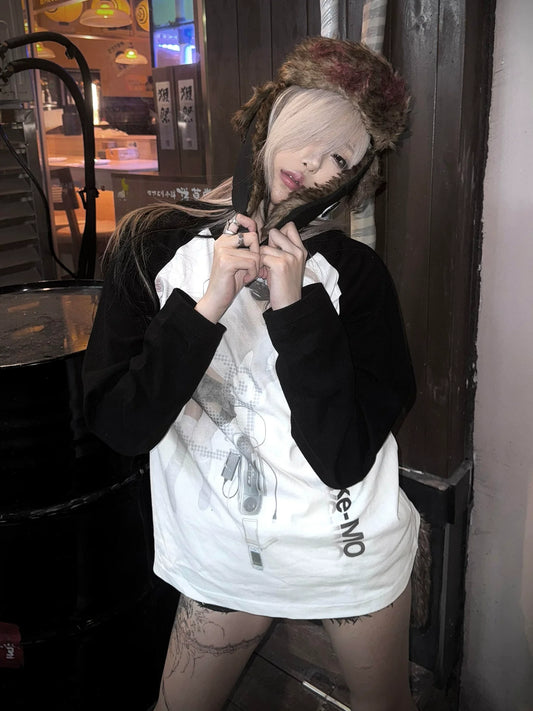 Subculture Black-White Raglan Tee Colorblock Loose Y2K Top