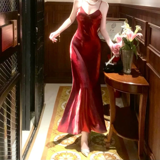 French Red Asymmetrical Waist Gown Dress – Elegant Evening Dress