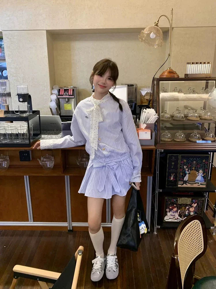 Korean-Style Polka Dot Cardigan + Stripe Dress Two-Piece Set