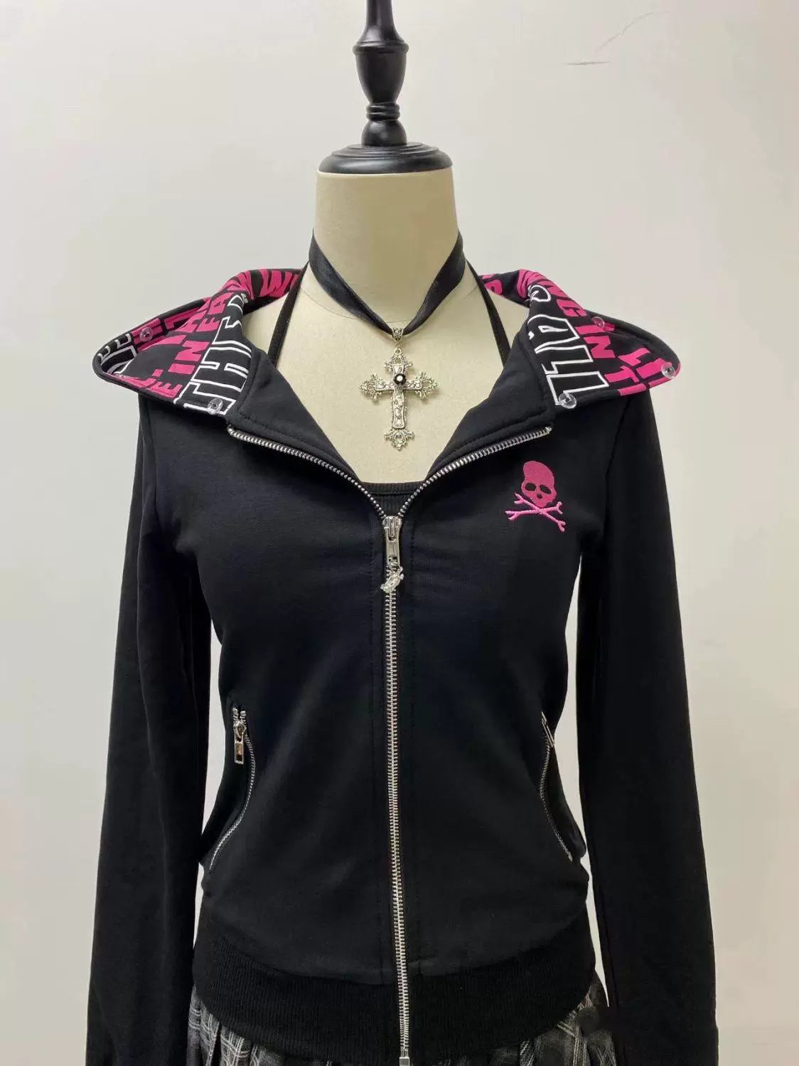 Black Zipper-Pocket Plush Hoodie Jacket Subculture Y2K E-girl Retro Autumn/Winter Niche Design Jacket