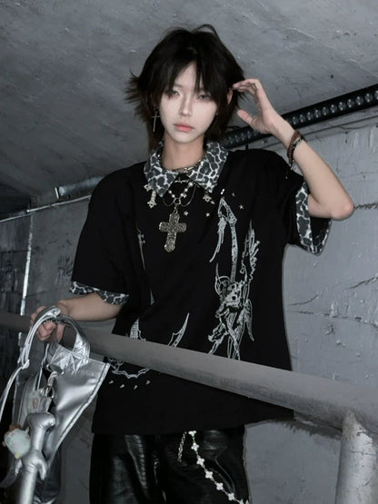 Y2K Black Short Sleeve Polo Tee Leopard Patchwork Summer Loose Fit Visual Kei Top