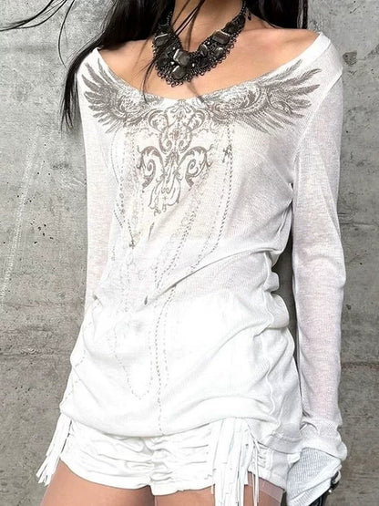 White Cutout Print Light Subculture Punk Y2K E-girl American Retro Long Sleeve Top