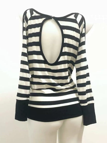 Striped Punk Y2K E-girl Retro Vintage Open-Back V-neck Long Sleeve Top