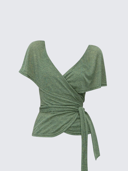 French V-Neck Green Cross Tie T-Shirt