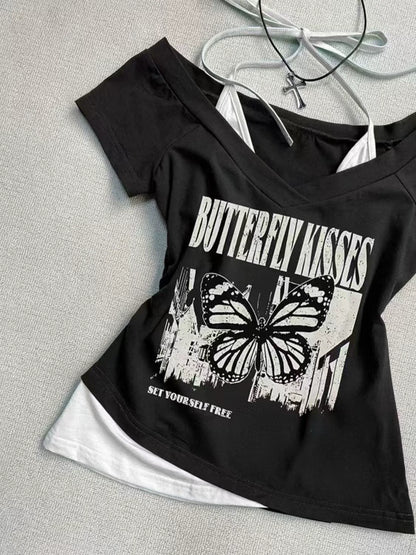 Black Vintage Fake Two-Piece Halter Y2K T-Shirt