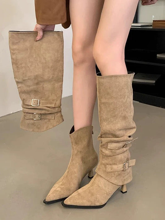 Suede Pointed Toe Slouchy Womens Boots Fall Winter New Removable Two Way Thin Heel Knee High High Heel Ankle Boots