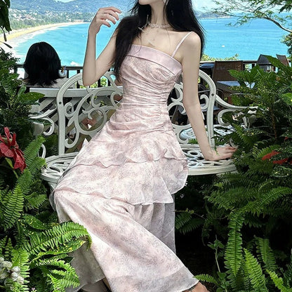 Pink Ruffle Spaghetti Gown Prom Dress