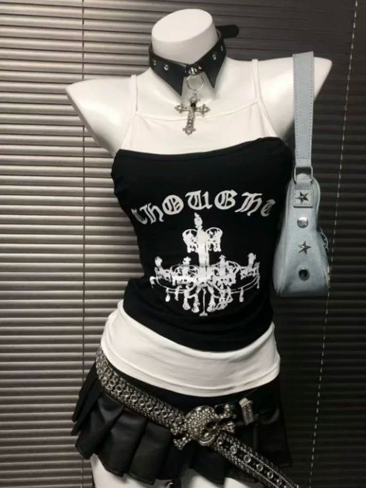 Black & White Color-Block Tank Top Subculture Y2K E-girl Abi American Letter Print Tank Top