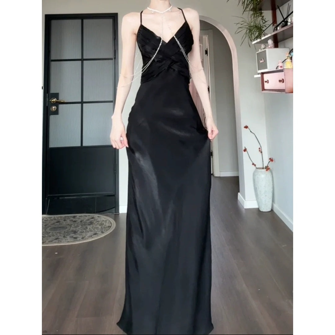 Audrey Hepburn Style Black Cross Satin Spaghetti Strap Gown Dress